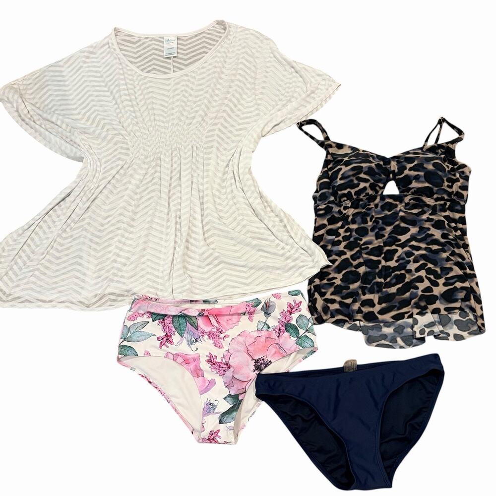 Women’s Swimsuit Lot And Cover Up Size Large White Blue Floral Pink Leopard